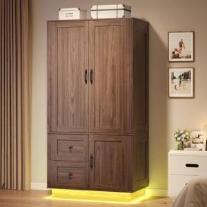 LIKIMIO Farmhouse Wardrobe Closet with Doors, 70" Bedroom Armoires with LED Lights and Hanging Rod, Wooden Large Wardrobe Cabinet with 2 Drawers and 1 Cabinet, Walnut