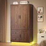 LIKIMIO Farmhouse Wardrobe Closet with Doors, 70" Bedroom Armoires with LED Lights and Hanging Rod, Wooden Large Wardrobe Cabinet with 2 Drawers and 1 Cabinet, Walnut
