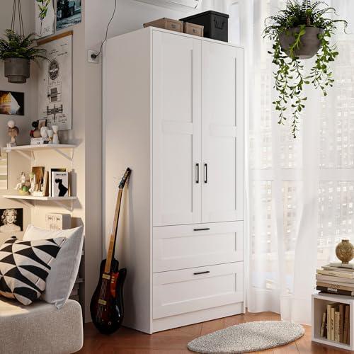 Fenghua Lizhi Wood White Wardrobe Closet with 2 Doors and 2 Drawers，Bedroom Freestanding Armoire Storage Cabinet with Shelves，Wooden Wardrobe Combination for Hanging Clothes (White 2 Drawers)