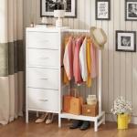 HIGDBFE Dresser with Hanging Rack, 4 Drawers Small Closet for Bedroom, Reversible Fabric Kids Chest of Drawers with Clothes Rack, Tall Storage Tower, Sturdy Frame, White, 44''H