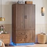 LIKIMIO Farmhouse Wardrobe Closet with Doors, 70" Bedroom Armoires with LED Lights and Hanging Rod, Wooden Large Wardrobe Cabinet with 2 Drawers and 1 Cabinet, Walnut