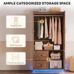 LIKIMIO Farmhouse Wardrobe Closet with Doors, 70" Bedroom Armoires with LED Lights and Hanging Rod, Wooden Large Wardrobe Cabinet with 2 Drawers and 1 Cabinet, Walnut