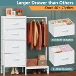 HIGDBFE Dresser with Hanging Rack, 4 Drawers Small Closet for Bedroom, Reversible Fabric Kids Chest of Drawers with Clothes Rack, Tall Storage Tower, Sturdy Frame, White, 44''H