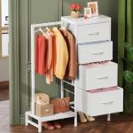 HIGDBFE Dresser with Hanging Rack, 4 Drawers Small Closet for Bedroom, Reversible Fabric Kids Chest of Drawers with Clothes Rack, Tall Storage Tower, Sturdy Frame, White, 44''H