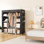 VTRIN Portable Closet Wardrobe for Hanging Clothes 57.3 Inch Large Capacity Clothes Rack with Cover, 10 Storage Organizer Shelves, 1 Hanging Rods and 6 Pockets, Free Standing Closet for Bedroom, Black