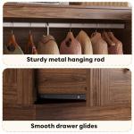LIKIMIO Farmhouse Wardrobe Closet with Doors, 70" Bedroom Armoires with LED Lights and Hanging Rod, Wooden Large Wardrobe Cabinet with 2 Drawers and 1 Cabinet, Walnut