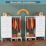 HIGDBFE Dresser with Hanging Rack, 4 Drawers Small Closet for Bedroom, Reversible Fabric Kids Chest of Drawers with Clothes Rack, Tall Storage Tower, Sturdy Frame, White, 44''H