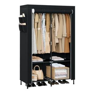 CASAMAYA Portable Closet, 34 Inch Large Capacity Wardrobe Closet with Cover, Clothes Storage Organizer with Shelves and 2 Hanging Rods, Easy to Assembly, Black PCT202B01