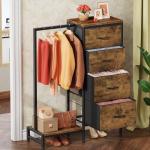 HIGDBFE Dresser with Hanging Rack, 4 Drawers Small Closet for Bedroom, Reversible Fabric Kids Chest of Drawers with Clothes Rack, Tall Storage Tower, Sturdy Frame, Rustic Brown, 44''H