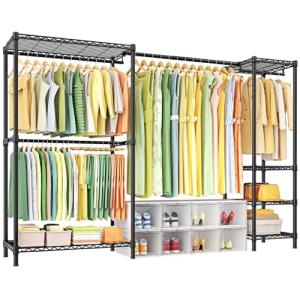Ulif E10 Clothes Rack（With Stretchable Hanger Rod）Freestanding Clothing Racks for Hanging Clothes，Adjustable Closet Organizer System，Portable Garment Rack 73-97"W x 15" D x 72" H，Max Load 800LBS，Black