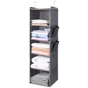 BOOMIBOO Hanging Closet Organize and Shelves,5-Hanging Shelf with 2 Side Pockets,Storage Foldable (Grey)