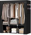 LOKEME Portable Closet, Portable Closets for Hanging Clothes with 3 Hanging Rods and 6 Storage Shelves and 4 Side Pockets, Black Wardrobe Closet Easy to Assemble and Strong and Stable
