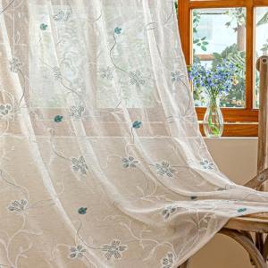 AmHoo 2 Panels Linen Floral Leaf Embroidered Semi Sheer Curtain Farmhouse Voile Curtains for Living Room Bedroom Window Treatment Teal 52 x 84 Inch