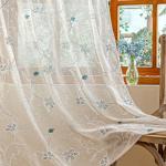 AmHoo 2 Panels Linen Floral Leaf Embroidered Semi Sheer Curtain Farmhouse Voile Curtains for Living Room Bedroom Window Treatment Teal 52 x 84 Inch