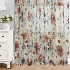 OWENIE Crushed Sheer Curtains 63 Inches Length 2 Panels Set, Sheer Floral Curtians with printed Design, Printing Drapes on Sheers for Living Room, Rod Pocket Light Filtering Window Sheers 42" W x 63"L