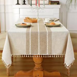 Laolitou Rustic Tablecloth Cotton Linen Waterproof Tablecloth Burlap Table Cloths for Kitchen Dining Cloth Table Cloth for Rectangle Tables Coffee Lines Rectangle,55''x70'',4-6 Seats