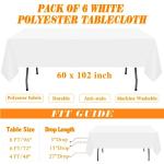 WIGENIUS 6 Pack White Table Cloth Rectangle Tablecloths 60X102 Inch,Polyester Table Cloth for 6 Foot Rectangle Tables,Wrinkle Resistant Washable Fabric Table Covers for Party,Wedding Banquet