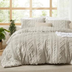 Bedsure Tufted Boho Comforter Set Twin Size - Linen Boho Bed Set, GentleSoft™ 2 Pieces Farmhouse Shabby Chic Embroidery Bedding, Gifts for Woman, Soft Jacquard Twin Comforter for All Seasons