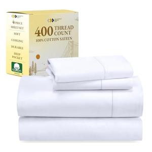 California Design Den Natural 100% Cotton Sheets Queen Size Bed Set - Soft 400 Thread Count Sateen, Queen Sheets, Deep Pockets with All Around Elastic for a Snug Fit, Cool & Durable Bedding - White