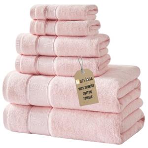 Marvione Bath Towels Set 6 Piece, 100% Turkish Cotton Highly Absorbent and Soft Towels for Bathroom 2 Bath Towels 2 Hand Towels 2 Washcloths, Pink