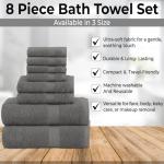 QUBA LINEN Pack of 8 Towels Set, 2 Large Bath Towels, 2 Hand Towels, 4 Wash Cloths, 100% Cotton, Lighter Weight, Quicker to Dry, Super Absorbent, Perfect for Bathroom (Grey)