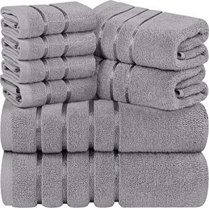 Utopia Towels 8 Piece Luxury Towel Set, 2 Bath, 2 Hand, and 4 Wash Cloths, 600 GSM Ring Spun Cotton, Highly Absorbent Viscose Stripe Towels, Ideal for Everyday use, Cool Grey