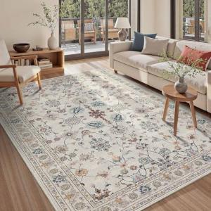 Rugxara 5x7 Area Rugs for Bedroom & Living Room - Washable Floral Boho Vintage Rug,Soft & Non-Slip,Low Pile Wool Carpet for Indoor Dining Room,Girls Room,Nursery Room and Kids Room(Grey)