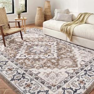 Lofus 5x7 Area Rugs for Living Room, Washable Area Rug, Rugs for Bedroom, Kitchen, Vintage Boho Carpet, Soft Non-Slip, Low Pile Large Area Rug for Office Dining Room, Floral Brown