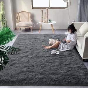 DweIke Fluffy Dark Grey 4x6 Area Rugs for Bedroom Living Room, Soft Plush Shaggy Deep Gray Girls Boys Kids Rug, Non-Slip and Machine Washable Carpet for Dorm Nursery Classroom Decor