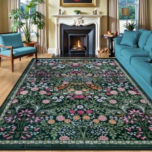 8x10 Area Rugs for Living Room: Floral Washable Rug Vintage Large Soft Boho Non-Slip Carpet Indoor Floor Stain Resistant Carpets for Bedroom Dining Room Farmhouse Nursery Home Office Dark Green