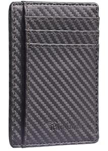 Travelambo Front Pocket Minimalist Leather Slim Wallet RFID Blocking Carbon Fiber Texture(Gray)