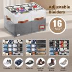 Supowin Shoe Organizer for Closet, Foldable Shoe Storage Bins with Lid & Adjustable Dividers, Fabric Shoe Box Storage Containers with Four Reinforced Handles, Fits 16 Pairs, 1 Pack, Grey