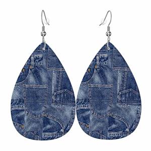 Denim Material Patchwork Teardrop Double-sided Leather Earrings Fabric Apparel Indigo Miscellaneous for Women Fashion and Valentine Birthday Party Gift