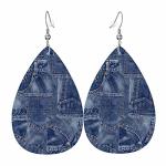 Denim Material Patchwork Teardrop Double-sided Leather Earrings Fabric Apparel Indigo Miscellaneous for Women Fashion and Valentine Birthday Party Gift