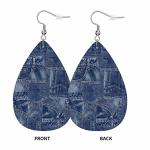 Denim Material Patchwork Teardrop Double-sided Leather Earrings Fabric Apparel Indigo Miscellaneous for Women Fashion and Valentine Birthday Party Gift