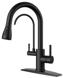 FORIOUS Black Kitchen Fuacets with Water Filter, 2 in 1 Stainless Steel Pull Down Sink Faucet and Purfied Water Faucet High Arc Single Handle with Detachable Deck for 1 or 3 Hole
