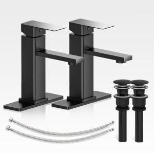 Casavilla Bathroom Faucets Set with Pop Up Drain, Modern Single Handle Black Bathroom Sink Faucet w/Deck Plate(1 or 3 Hole), Farmhouse RV Vanity Sink Faucet-2 Sets, baño lavamanos Llave