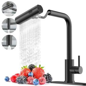 AVSIILE Matte Black Waterfall Kitchen Faucets with Pull Down Sprayer, Single Hole, Single Handle, Pull Out Tap, Stainless Steel Sink Faucet, Suitable for Farmhouse Camper Laundry Rv Bar