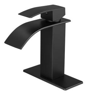VOTON Black Bathroom Faucets Modern Waterfall Bathroom Sink Faucet Matte Black Single Handle Bathroom Faucet for 1 or 3 Holes with Deck Plate, Rv Sink Camper Farmhouse Bathroom Utility Remodel Faucet
