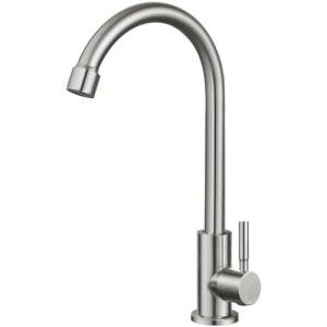 Heyalan Brushed Nickel Kitchen Faucet Cold Water Only 1 Hole Single Handle 360 Degree Swivel Spout Deck Mount High Arc SUS304 Sink Bar Tap Goose Neck with Hose and Longer Thread Pipe