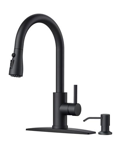 FORIOUS Black Kitchen Faucet with Soap Dispenser and Pull Down Sprayer, Bar High Arc Single Handle Classic 3 Modes Stainless Steel Faucet for Kitchen Sink Farmhouse RV Laundry Camper