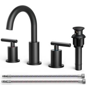 FORIOUS Bathroom Faucets 3 Hole, Matte Black Bathroom Sink Faucet 3 Hole Vanity with 360° Swivel Spout, Suitable for 8 Inch Widespread Sink with Metal Pop-up Drain and cUPC Supply Line, Commercial