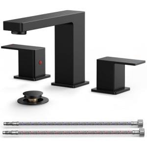 FORIOUS Black Bathroom Faucets 3 Hole, Matte Black Bathroom Sink Faucet 8 Inch Widespread, 2 Handle for Restroom Sink with Pop Up Drain, CUPC Supply Hose and Spare Water Saving Aerator, Vanity 3 Holes