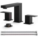 FORIOUS Black Bathroom Faucets 3 Hole, Matte Black Bathroom Sink Faucet 8 Inch Widespread, 2 Handle for Restroom Sink with Pop Up Drain, CUPC Supply Hose and Spare Water Saving Aerator, Vanity 3 Holes