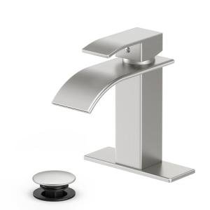 Ryuwanku Bathroom Faucet Brushed Nickel Modern Waterfall Bathroom Sink Faucet with Single Handle Suitable for 1 or 3 Holes,Supply Deck Plate and Hose