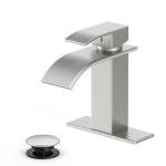 Ryuwanku Bathroom Faucet Brushed Nickel Modern Waterfall Bathroom Sink Faucet with Single Handle Suitable for 1 or 3 Holes,Supply Deck Plate and Hose