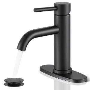 Black Bathroom Faucet, WINKEAR Single Hole Bathroom Faucet with Pop-up Drain and Flexible Hoses, Single Handle Faucet for Bathroom Sink, Vanity, RV, Modern Farmhouse, Suitable for 1 Hole or 3 Hole