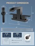 Cobbe Waterfall Bathroom Faucets 3 Hole, Matte Black Bathroom Sink Faucet Square 4 Inch Centerset with Pop-Up Drain, 2 Handle and 2 Supply Hoses, Lead-Free Stainless Steel for Vanity Sink Rv