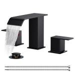 FORIOUS Bathroom Faucets 3 Hole,Matte Black 8 Inch Widespread Bathroom Sink Faucet Waterfall Spout, with Pop Up Drain and Water Supply, Suitable for Vanity Rv Commercial Lavatory Restroom