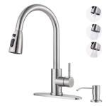 WOWOW Kitchen Faucet with Soap Dispenser: 304 Stainless Steel Kitchen Sink Faucet with Pull Down Sprayer 3 Modes, Single Handle High Arc Mixer Taps for Sink, RV, Laundry, Bar (Brushed Nickel)